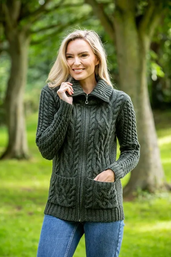 Sale Sweater Shop Full Zip Fitted Aran Cardigan Army green