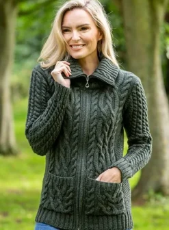 Sale Sweater Shop Full Zip Fitted Aran Cardigan Army green