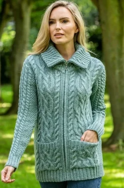 Best Sweater Shop Full Zip Fitted Aran Cardigan Aqua