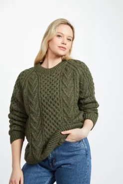 Hot Sweater Shop Handknit Green Aran Sweater Merino Wool