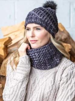 Fashion Sweater Shop Handmade in Ireland - Snood and Bobble Hat Set - Grey