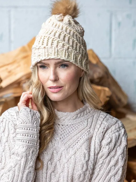 Outlet Sweater Shop Handmade in Ireland - Super Soft hat with pom pom - Natural
