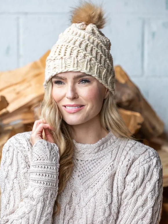 Outlet Sweater Shop Handmade in Ireland - Super Soft hat with pom pom - Natural