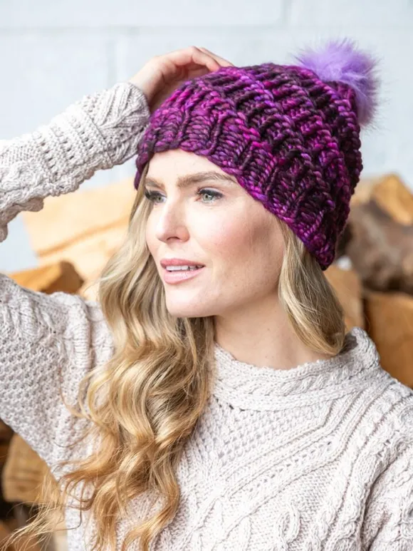 New Sweater Shop Handmade in Ireland - Super Soft hat with pom pom- Purple
