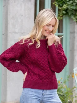 Clearance Sweater Shop Honeysuckle Cropped Aran Sweater Claret