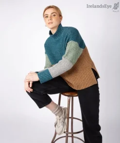 Clearance Sweater Shop IrelandsEye Knitwear Iris Contrast Panel Funnel Neck Sweater Seaspray Biscuit
