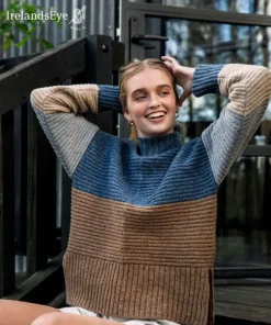 Clearance Sweater Shop IrelandsEye Knitwear Iris Contrast Panel Funnel Neck Sweater Seaspray Biscuit