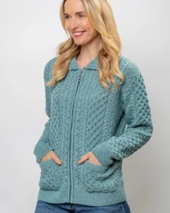 Discount Sweater Shop Irish Aran Cardigan with Zip - Aqua
