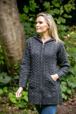 New Sweater Shop Irish Aran Hooded Coat Charcoal