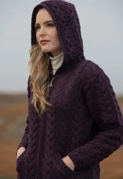 Hot Sweater Shop Irish Aran Hooded Coat Damson