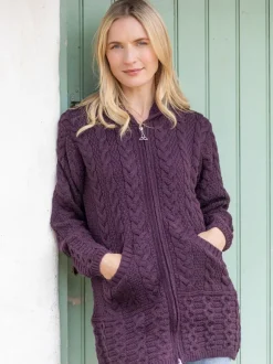 Hot Sweater Shop Irish Aran Hooded Coat Damson