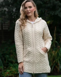 Outlet Sweater Shop Irish Aran Hooded Coat Natural