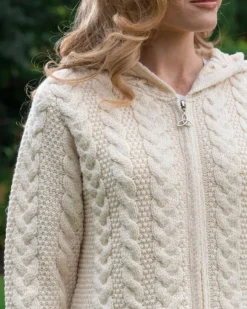 Outlet Sweater Shop Irish Aran Hooded Coat Natural