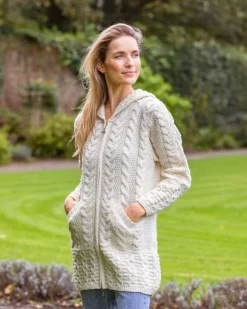 Outlet Sweater Shop Irish Aran Hooded Coat Natural