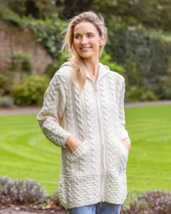 Outlet Sweater Shop Irish Aran Hooded Coat Natural