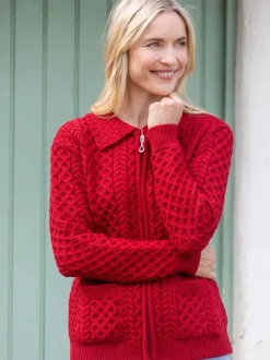 Sale Sweater Shop Irish Aran Zip Cardigan with Collar - Red
