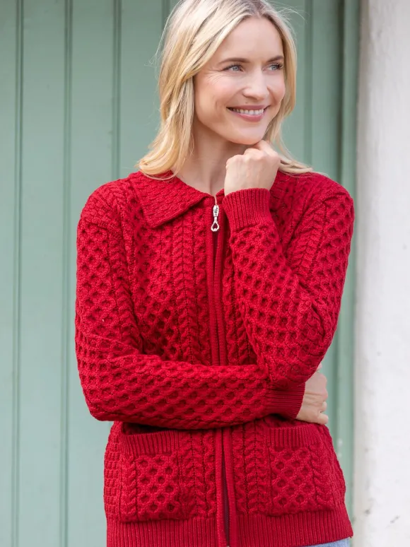 Sale Sweater Shop Irish Aran Zip Cardigan with Collar - Red