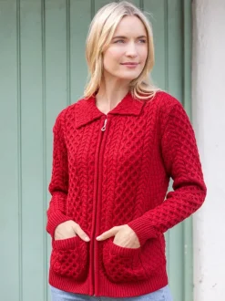 Sale Sweater Shop Irish Aran Zip Cardigan with Collar - Red