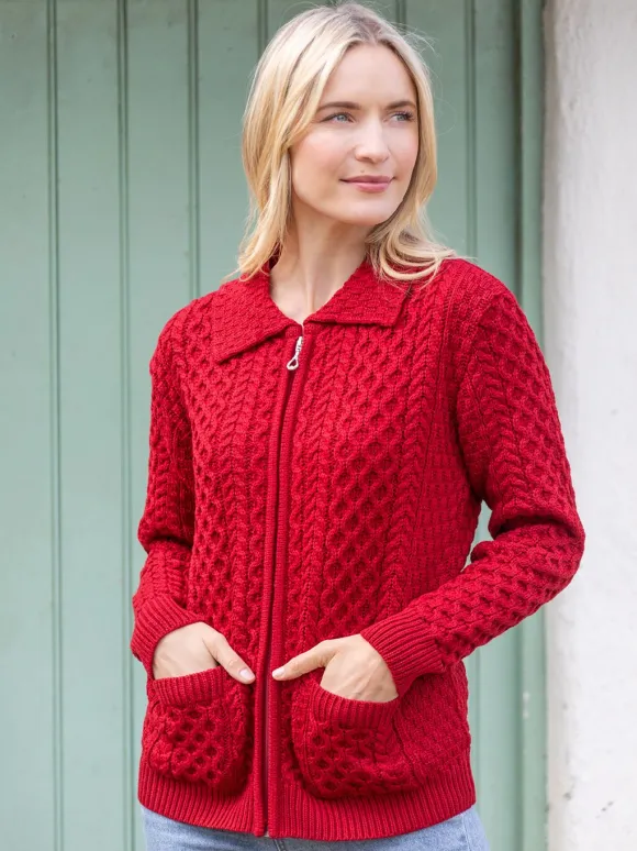 Sale Sweater Shop Irish Aran Zip Cardigan with Collar - Red