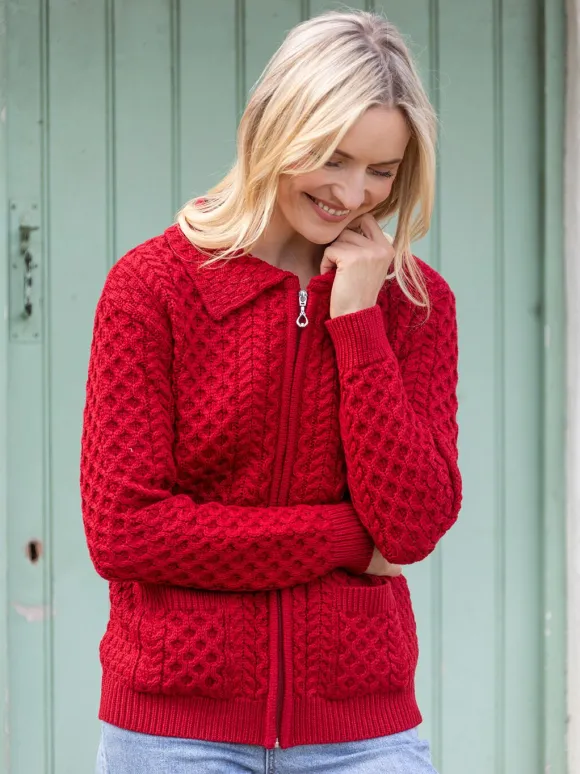 Sale Sweater Shop Irish Aran Zip Cardigan with Collar - Red