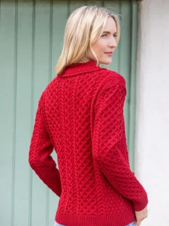 Sale Sweater Shop Irish Aran Zip Cardigan with Collar - Red