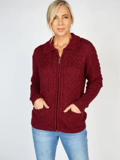 Online Sweater Shop Irish Aran Zip with Collar Raspberry