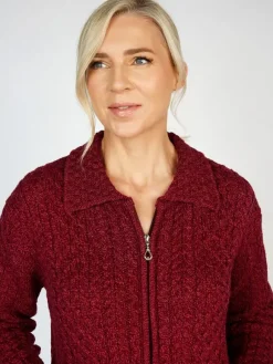 Online Sweater Shop Irish Aran Zip with Collar Raspberry