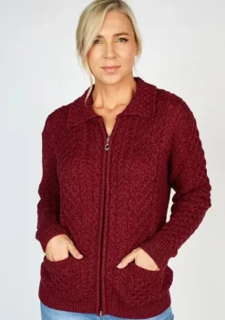 Online Sweater Shop Irish Aran Zip with Collar Raspberry