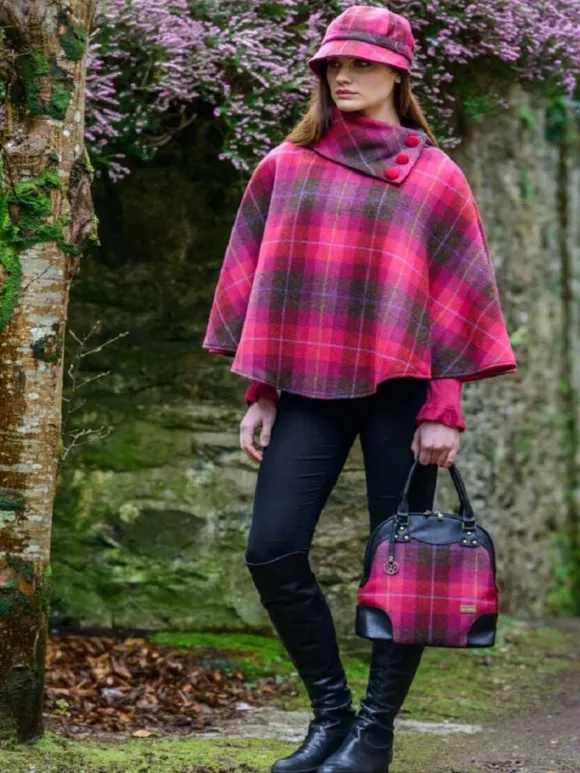 Clearance Sweater Shop Irish Tweed Poncho Pink Check 223