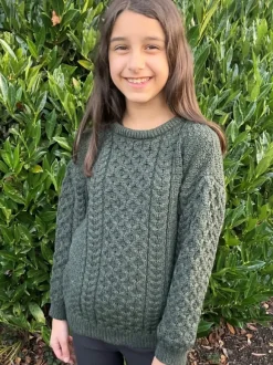 Discount Sweater Shop Kids Aran Sweater Merino Wool - Army Green