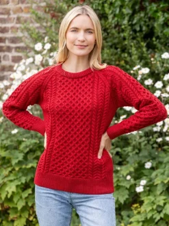 Outlet Sweater Shop Ladies 100% Merino Wool Aran Sweater Red