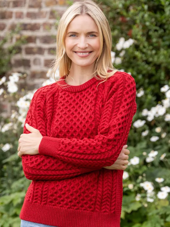 Outlet Sweater Shop Ladies 100% Merino Wool Aran Sweater Red
