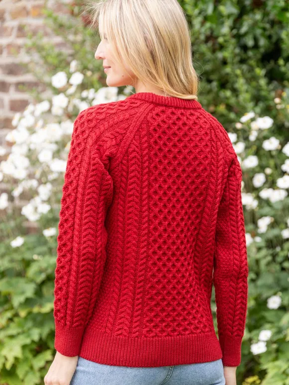 Outlet Sweater Shop Ladies 100% Merino Wool Aran Sweater Red