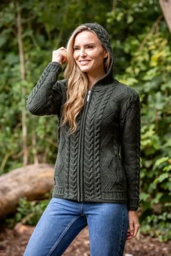 Best Sweater Shop Ladies Aran Hooded Cardigan With Cladagh Zip