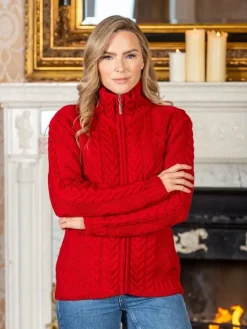 Best Sweater Shop Ladies Aran Turtleneck Zip Cardigan Red