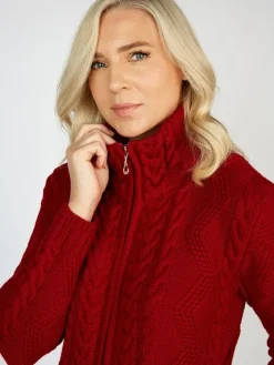 Best Sweater Shop Ladies Aran Turtleneck Zip Cardigan Red
