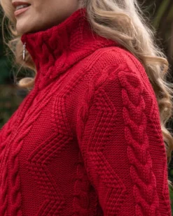 Best Sweater Shop Ladies Aran Turtleneck Zip Cardigan Red