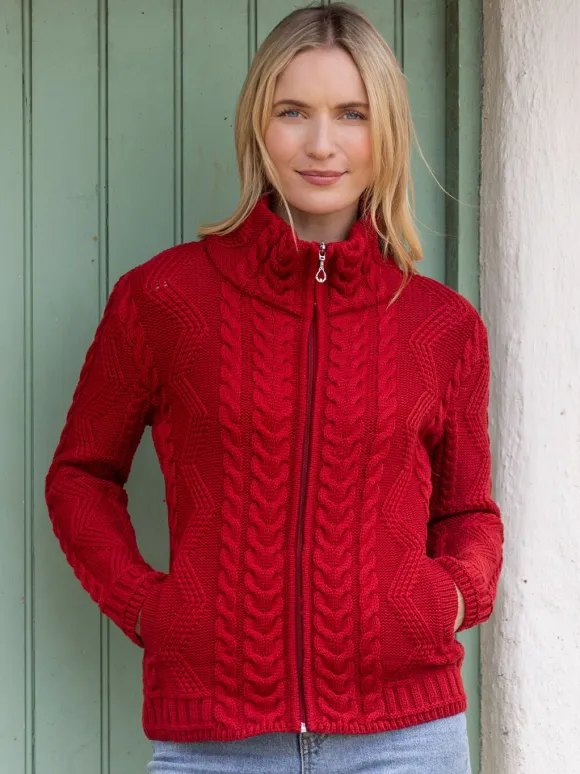 Best Sweater Shop Ladies Aran Turtleneck Zip Cardigan Red