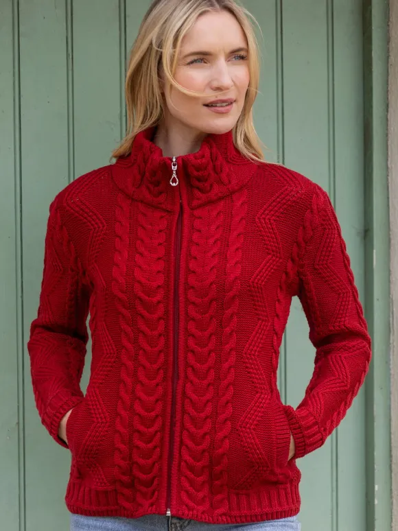 Best Sweater Shop Ladies Aran Turtleneck Zip Cardigan Red