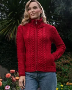 Best Sweater Shop Ladies Aran Turtleneck Zip Cardigan Red