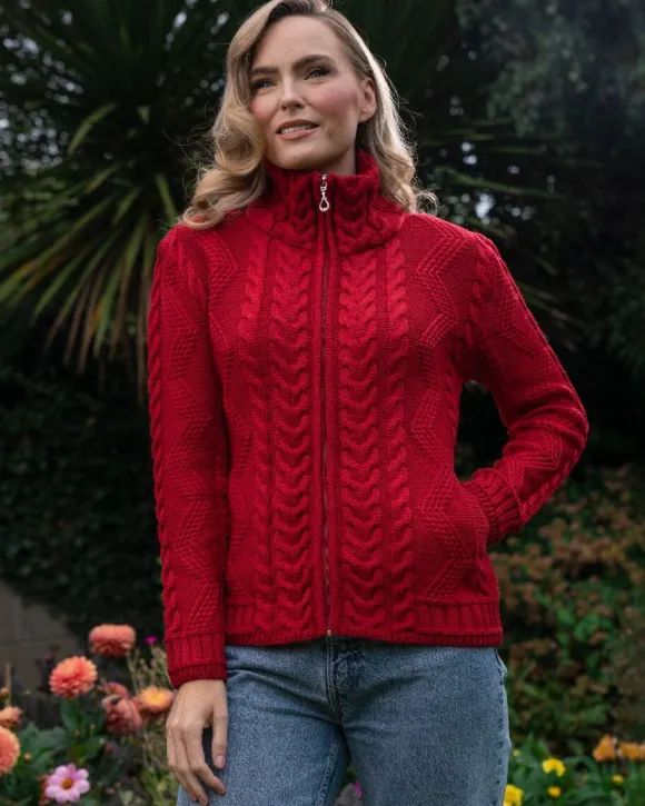 Best Sweater Shop Ladies Aran Turtleneck Zip Cardigan Red