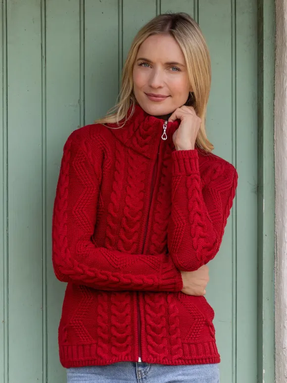 Best Sweater Shop Ladies Aran Turtleneck Zip Cardigan Red