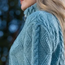 Best Sweater Shop Ladies Aran Turtleneck Zip Aqua