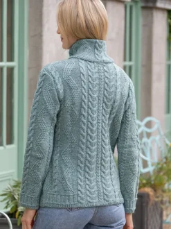 Best Sweater Shop Ladies Aran Turtleneck Zip Aqua