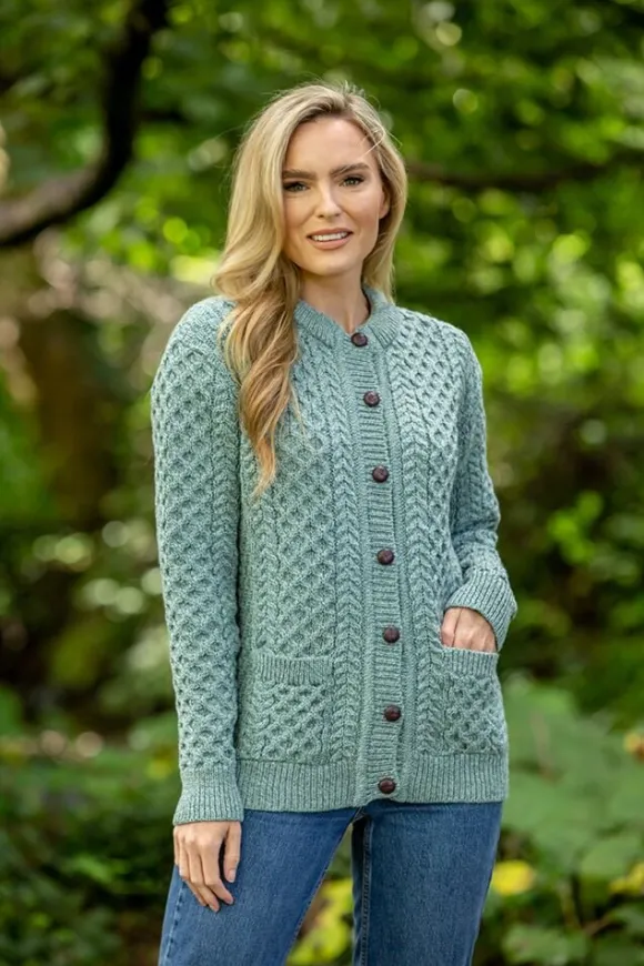 Best Sweater Shop Ladies Cable Knit Cardigan Aqua