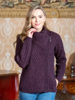 Best Sweater Shop Ladies Cable Knit Side Zip Cardigan - Purple