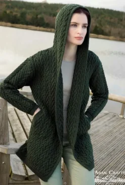 Fashion Sweater Shop Ladies Herringbone Shawl Collar Hooded Coat Army