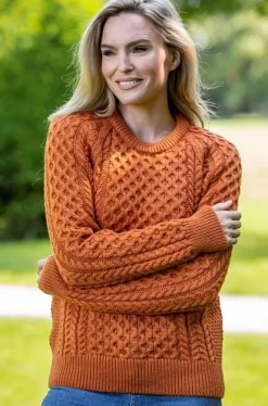 Clearance Sweater Shop Ladies Merino Wool Aran Sweater - Orange