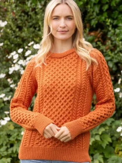 Clearance Sweater Shop Ladies Merino Wool Aran Sweater - Orange