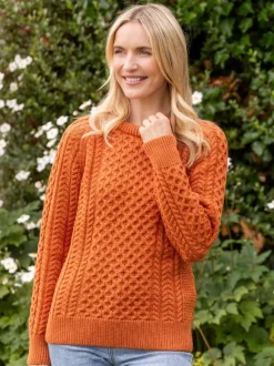 Clearance Sweater Shop Ladies Merino Wool Aran Sweater - Orange